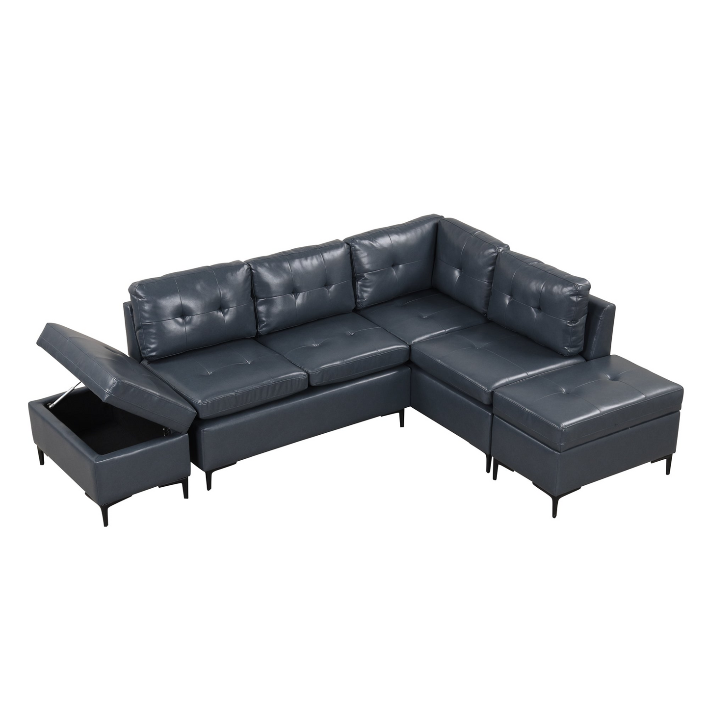 [product_type] | 94.88" L-Shaped Corner Sofa Pu Leather Sectional Sofa Couch with Movable Storage Ottomans for Living Room, Blue | casafoyer.myshopify.com