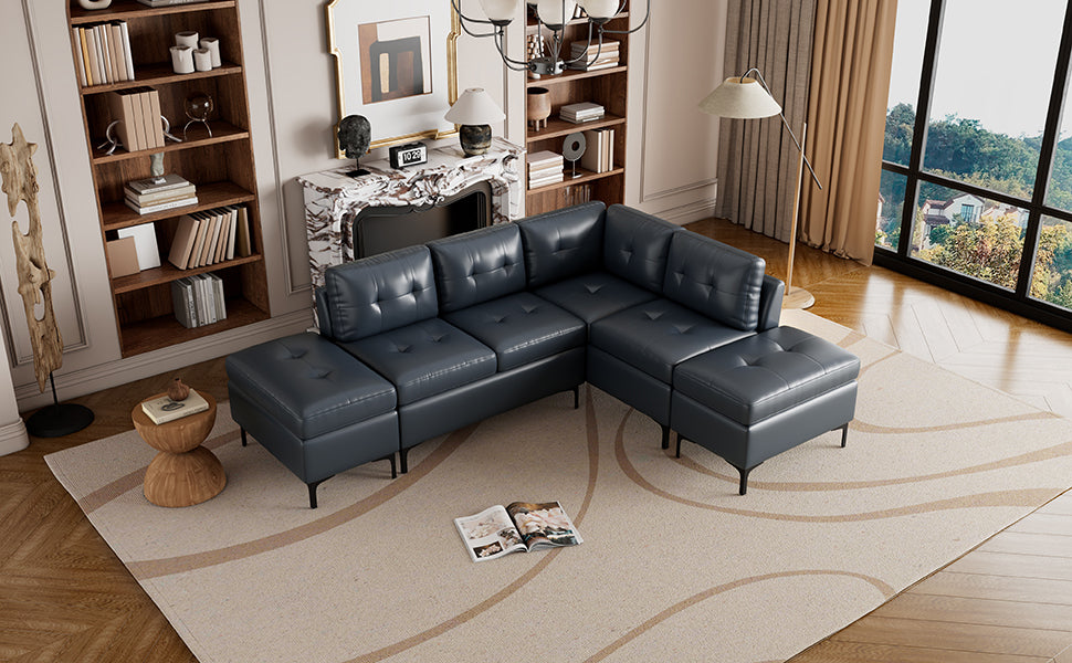 [product_type] | 94.88" L-Shaped Corner Sofa Pu Leather Sectional Sofa Couch with Movable Storage Ottomans for Living Room, Blue | casafoyer.myshopify.com