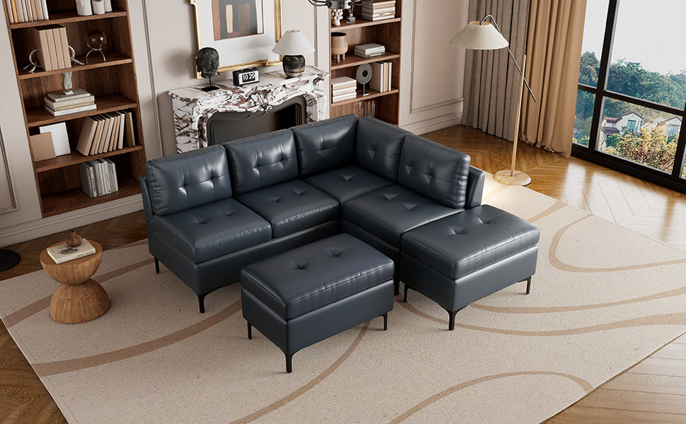 [product_type] | 94.88" L-Shaped Corner Sofa Pu Leather Sectional Sofa Couch with Movable Storage Ottomans for Living Room, Blue | casafoyer.myshopify.com