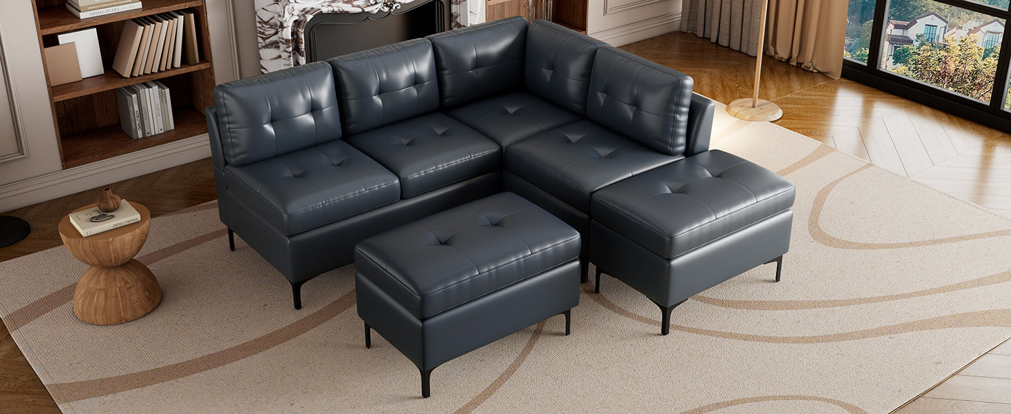 [product_type] | 94.88" L-Shaped Corner Sofa Pu Leather Sectional Sofa Couch with Movable Storage Ottomans for Living Room, Blue | casafoyer.myshopify.com