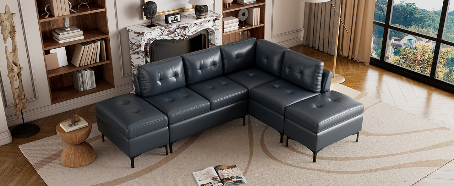 [product_type] | 94.88" L-Shaped Corner Sofa Pu Leather Sectional Sofa Couch with Movable Storage Ottomans for Living Room, Blue | casafoyer.myshopify.com