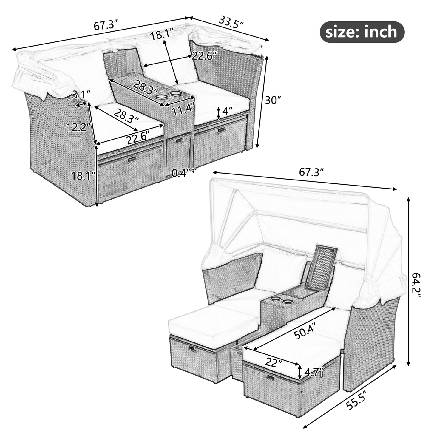 Patio Furntiure Sets | 2-Seater Outdoor Patio Daybed Outdoor Double Daybed Outdoor Loveseat Sofa Set with Foldable Awning and Cushions for Garden, Balcony, Poolside, Grey | casafoyer.myshopify.com