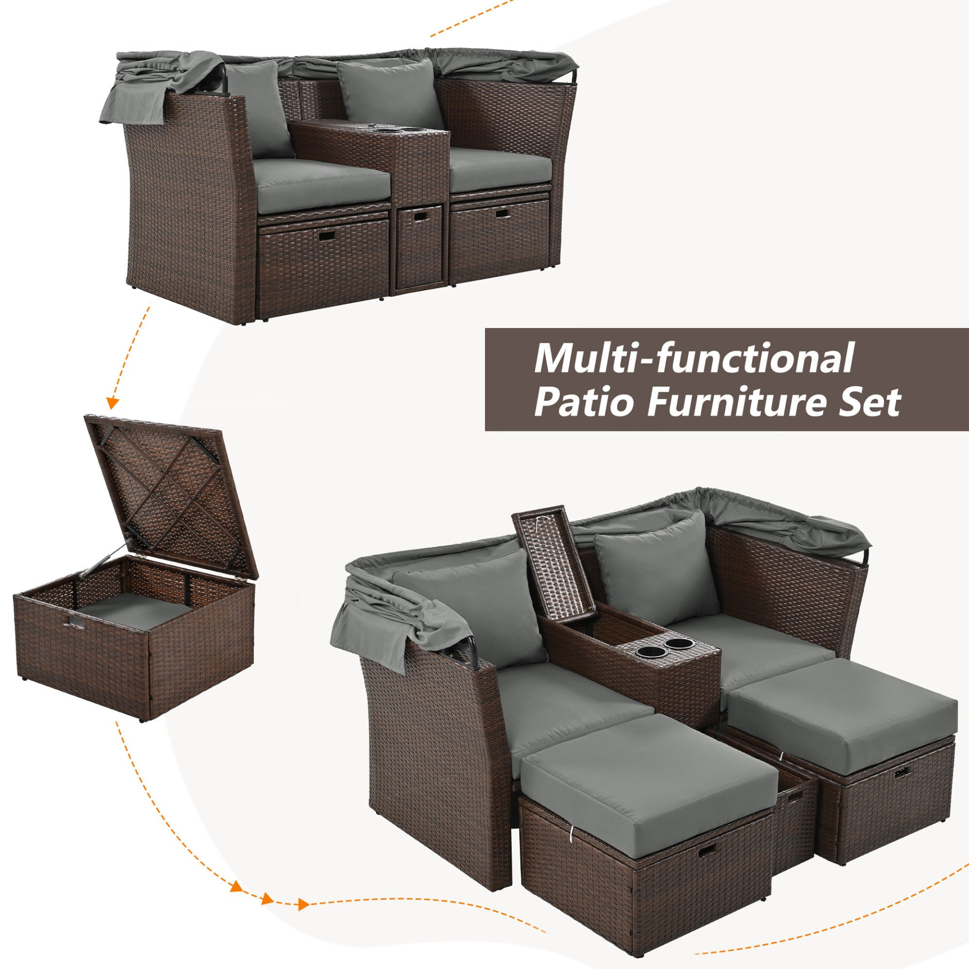 Patio Furntiure Sets | 2-Seater Outdoor Patio Daybed Outdoor Double Daybed Outdoor Loveseat Sofa Set with Foldable Awning and Cushions for Garden, Balcony, Poolside, Grey | casafoyer.myshopify.com