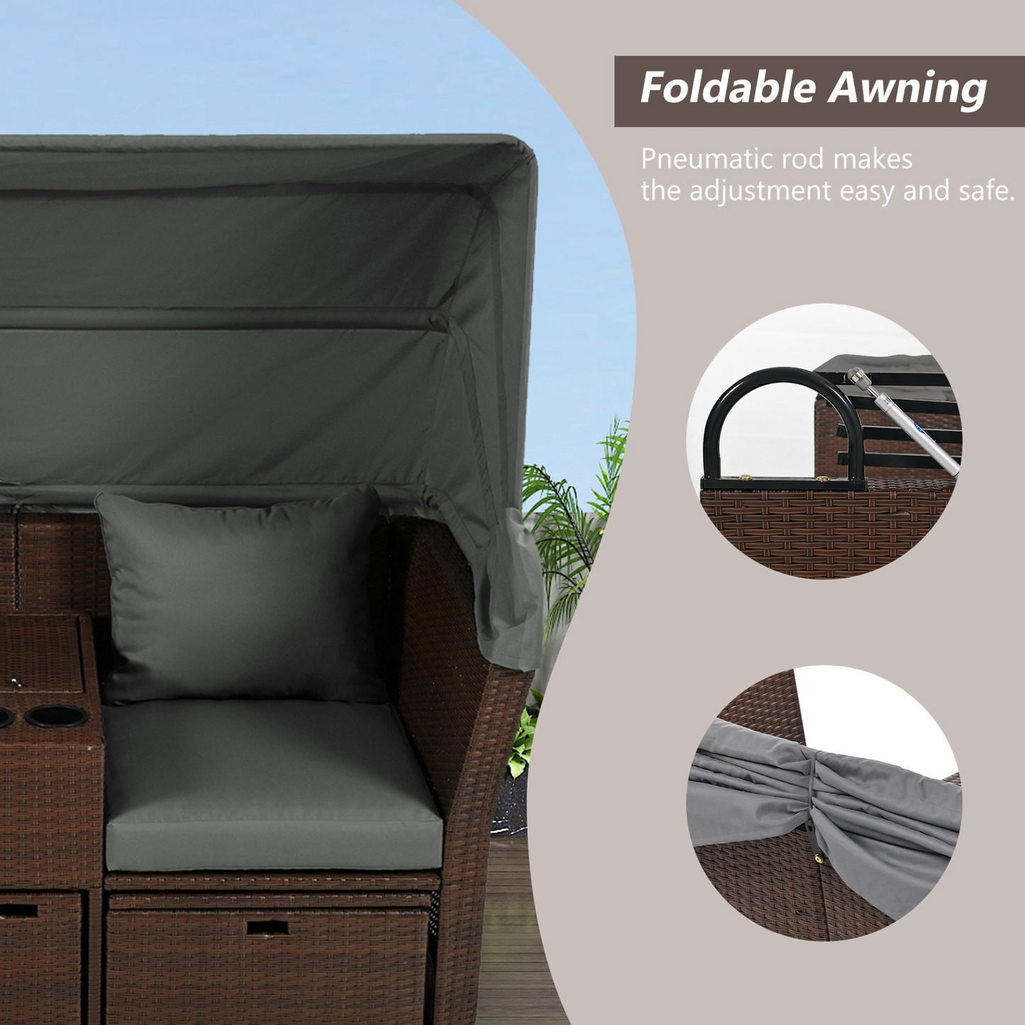 Patio Furntiure Sets | 2-Seater Outdoor Patio Daybed Outdoor Double Daybed Outdoor Loveseat Sofa Set with Foldable Awning and Cushions for Garden, Balcony, Poolside, Grey | casafoyer.myshopify.com