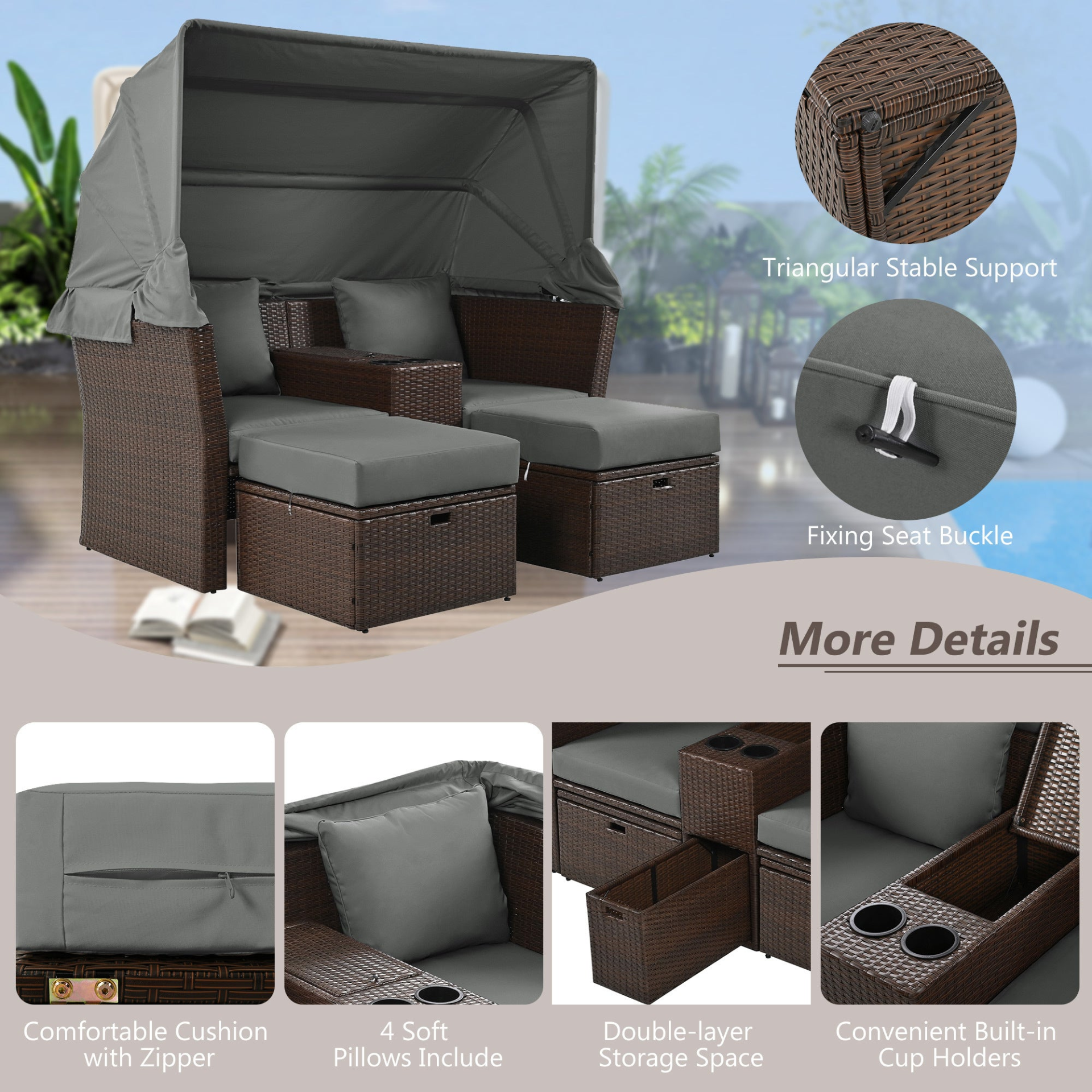 Patio Furntiure Sets | 2-Seater Outdoor Patio Daybed Outdoor Double Daybed Outdoor Loveseat Sofa Set with Foldable Awning and Cushions for Garden, Balcony, Poolside, Grey | casafoyer.myshopify.com