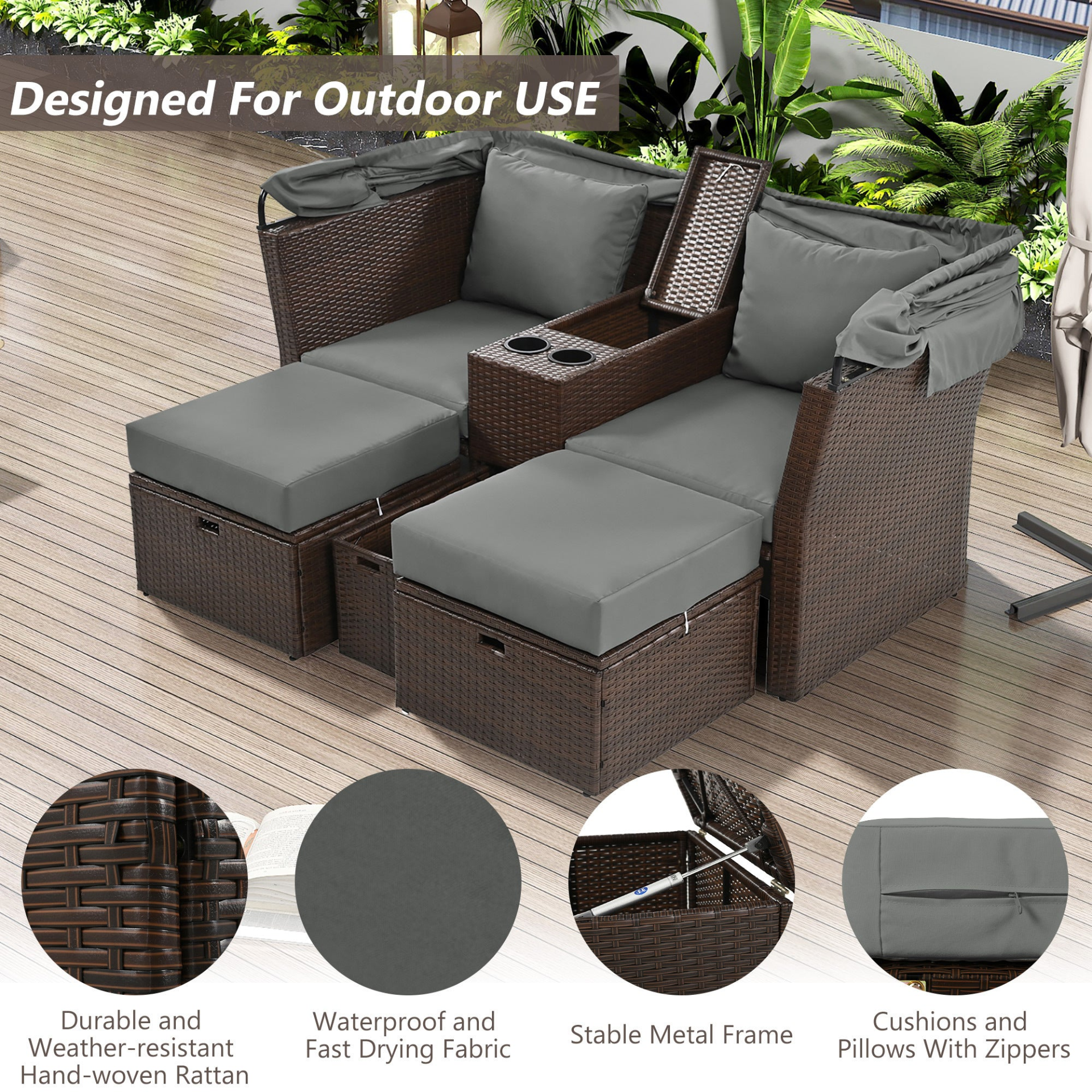 Patio Furntiure Sets | 2-Seater Outdoor Patio Daybed Outdoor Double Daybed Outdoor Loveseat Sofa Set with Foldable Awning and Cushions for Garden, Balcony, Poolside, Grey | casafoyer.myshopify.com