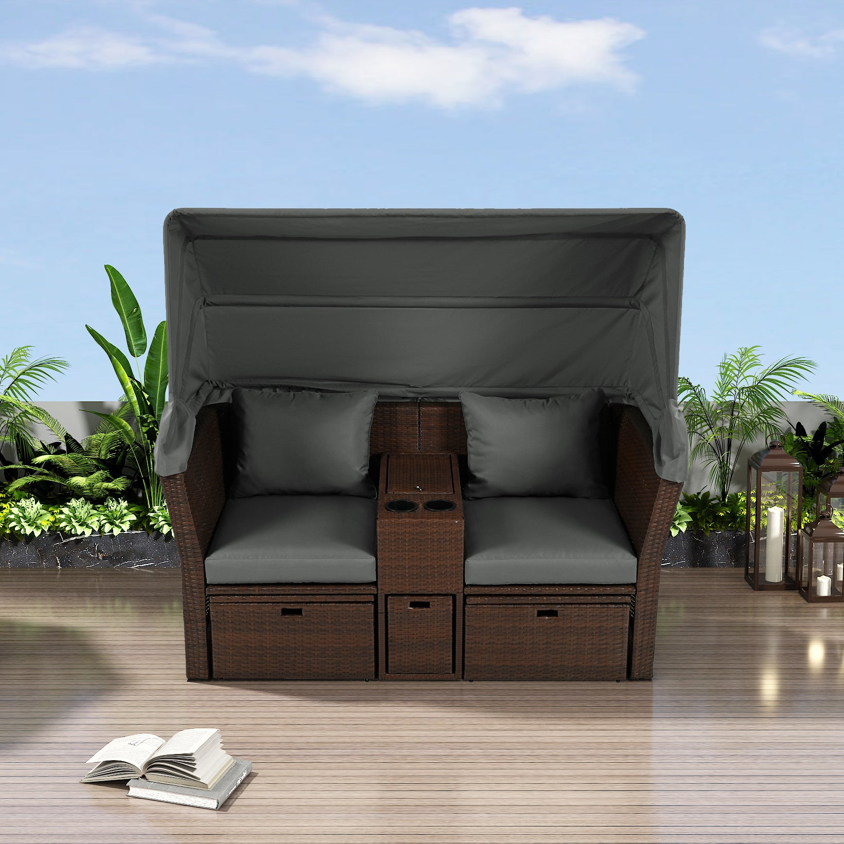 Patio Furntiure Sets | 2-Seater Outdoor Patio Daybed Outdoor Double Daybed Outdoor Loveseat Sofa Set with Foldable Awning and Cushions for Garden, Balcony, Poolside, Grey | casafoyer.myshopify.com