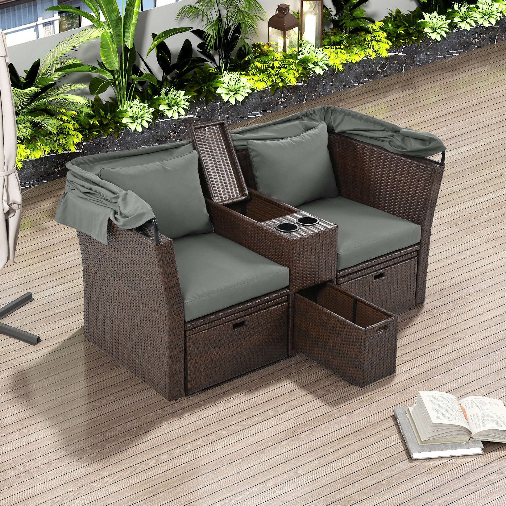 Patio Furntiure Sets | 2-Seater Outdoor Patio Daybed Outdoor Double Daybed Outdoor Loveseat Sofa Set with Foldable Awning and Cushions for Garden, Balcony, Poolside, Grey | casafoyer.myshopify.com