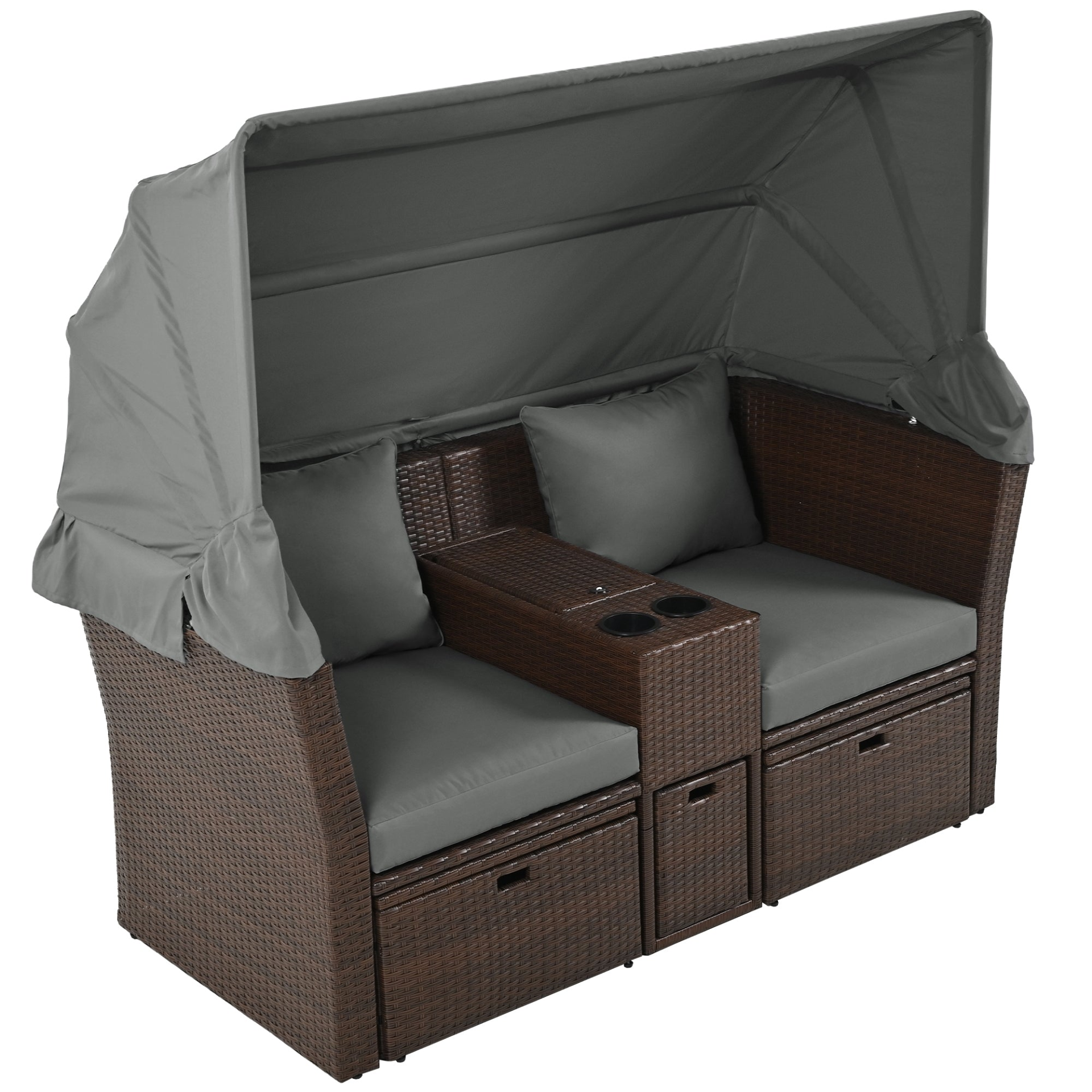 Patio Furntiure Sets | 2-Seater Outdoor Patio Daybed Outdoor Double Daybed Outdoor Loveseat Sofa Set with Foldable Awning and Cushions for Garden, Balcony, Poolside, Grey | casafoyer.myshopify.com