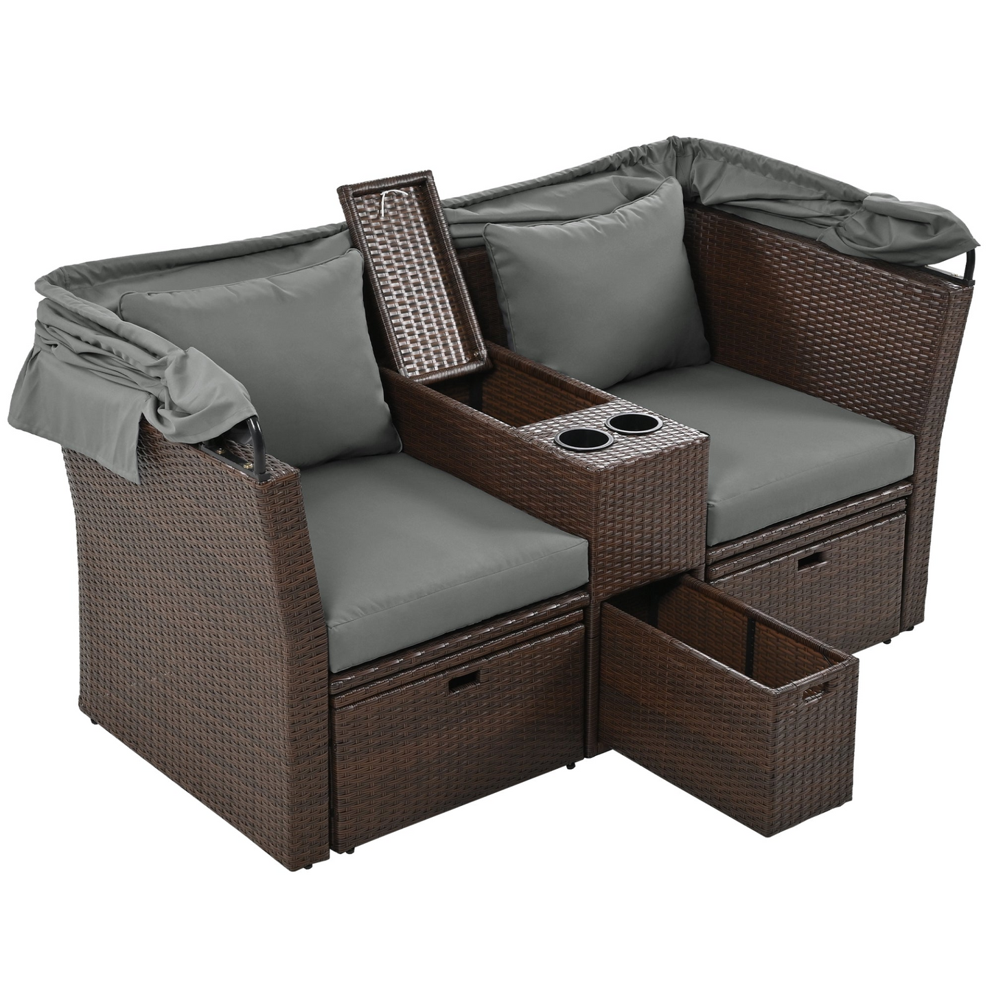 Patio Furntiure Sets | 2-Seater Outdoor Patio Daybed Outdoor Double Daybed Outdoor Loveseat Sofa Set with Foldable Awning and Cushions for Garden, Balcony, Poolside, Grey | casafoyer.myshopify.com