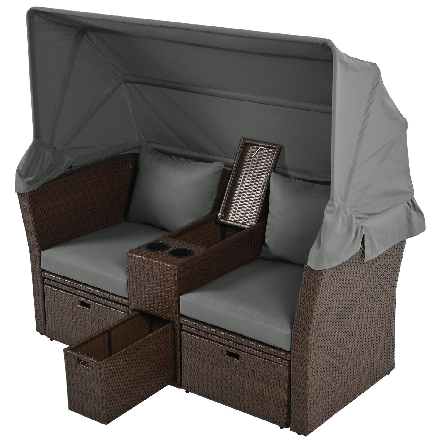 Patio Furntiure Sets | 2-Seater Outdoor Patio Daybed Outdoor Double Daybed Outdoor Loveseat Sofa Set with Foldable Awning and Cushions for Garden, Balcony, Poolside, Grey | casafoyer.myshopify.com