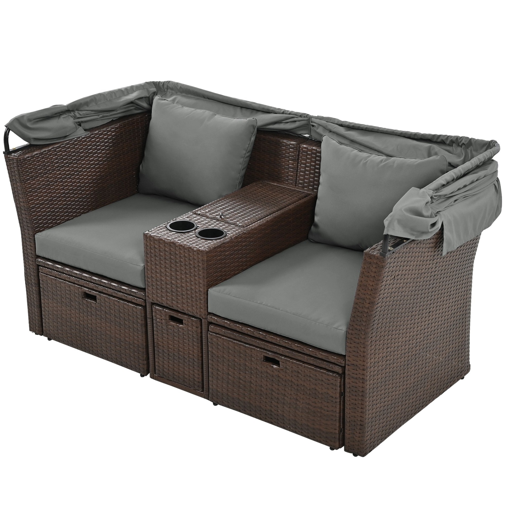 Patio Furntiure Sets | 2-Seater Outdoor Patio Daybed Outdoor Double Daybed Outdoor Loveseat Sofa Set with Foldable Awning and Cushions for Garden, Balcony, Poolside, Grey | casafoyer.myshopify.com