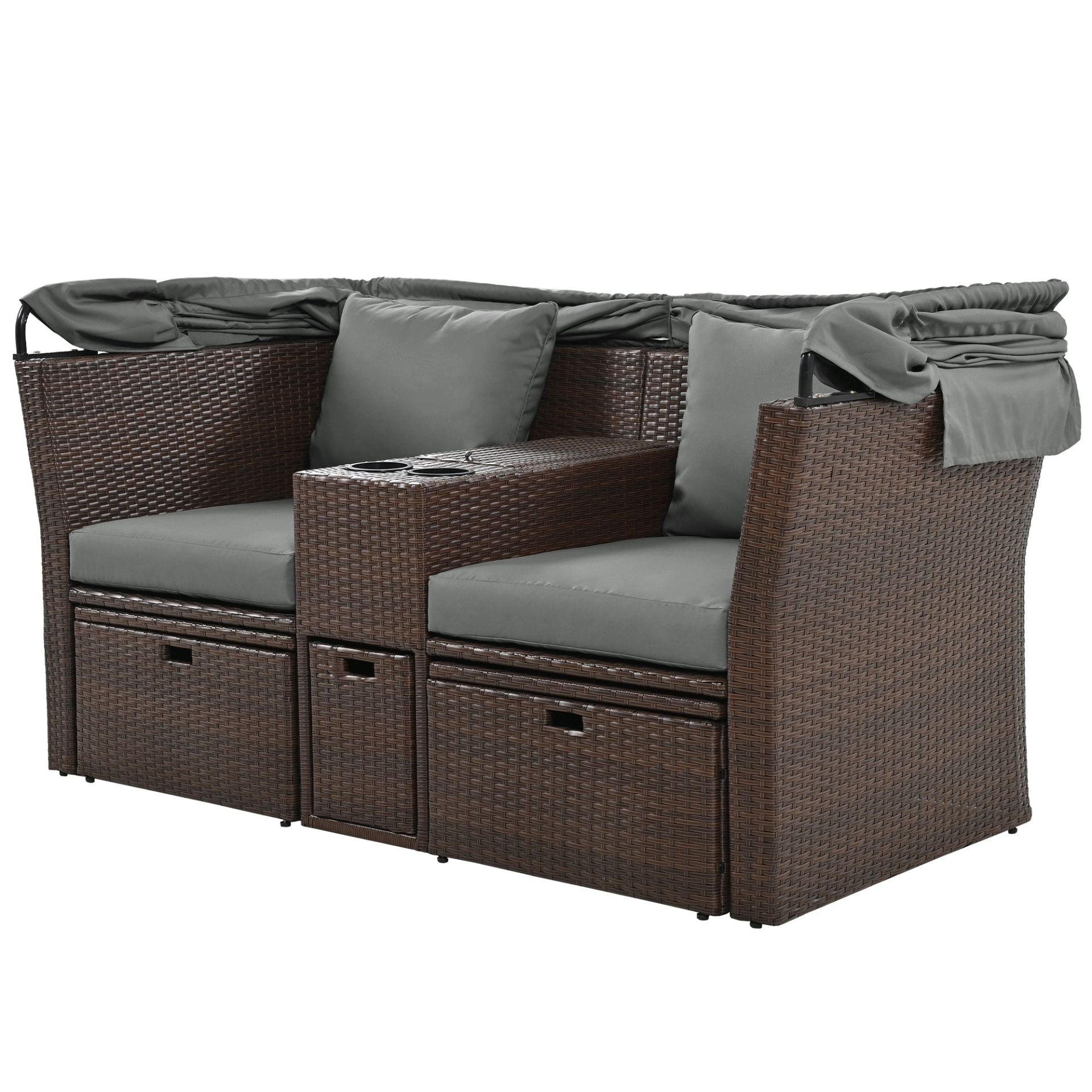 Patio Furntiure Sets | 2-Seater Outdoor Patio Daybed Outdoor Double Daybed Outdoor Loveseat Sofa Set with Foldable Awning and Cushions for Garden, Balcony, Poolside, Grey | casafoyer.myshopify.com