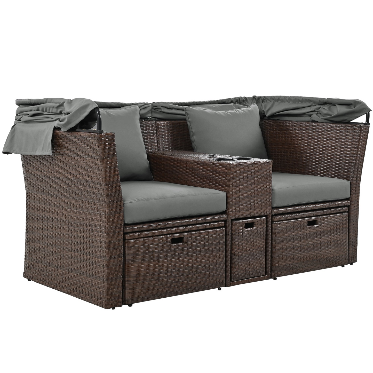 Patio Furntiure Sets | 2-Seater Outdoor Patio Daybed Outdoor Double Daybed Outdoor Loveseat Sofa Set with Foldable Awning and Cushions for Garden, Balcony, Poolside, Grey | casafoyer.myshopify.com