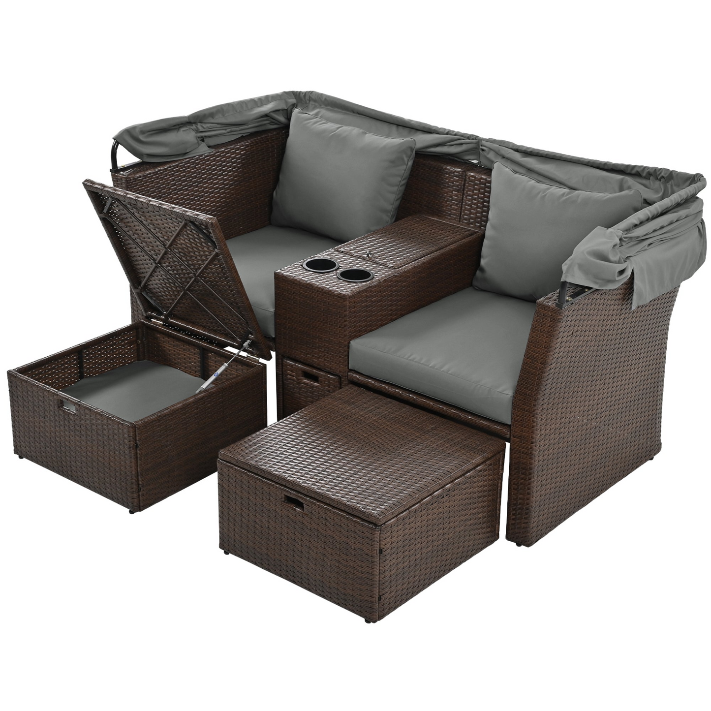 Patio Furntiure Sets | 2-Seater Outdoor Patio Daybed Outdoor Double Daybed Outdoor Loveseat Sofa Set with Foldable Awning and Cushions for Garden, Balcony, Poolside, Grey | casafoyer.myshopify.com