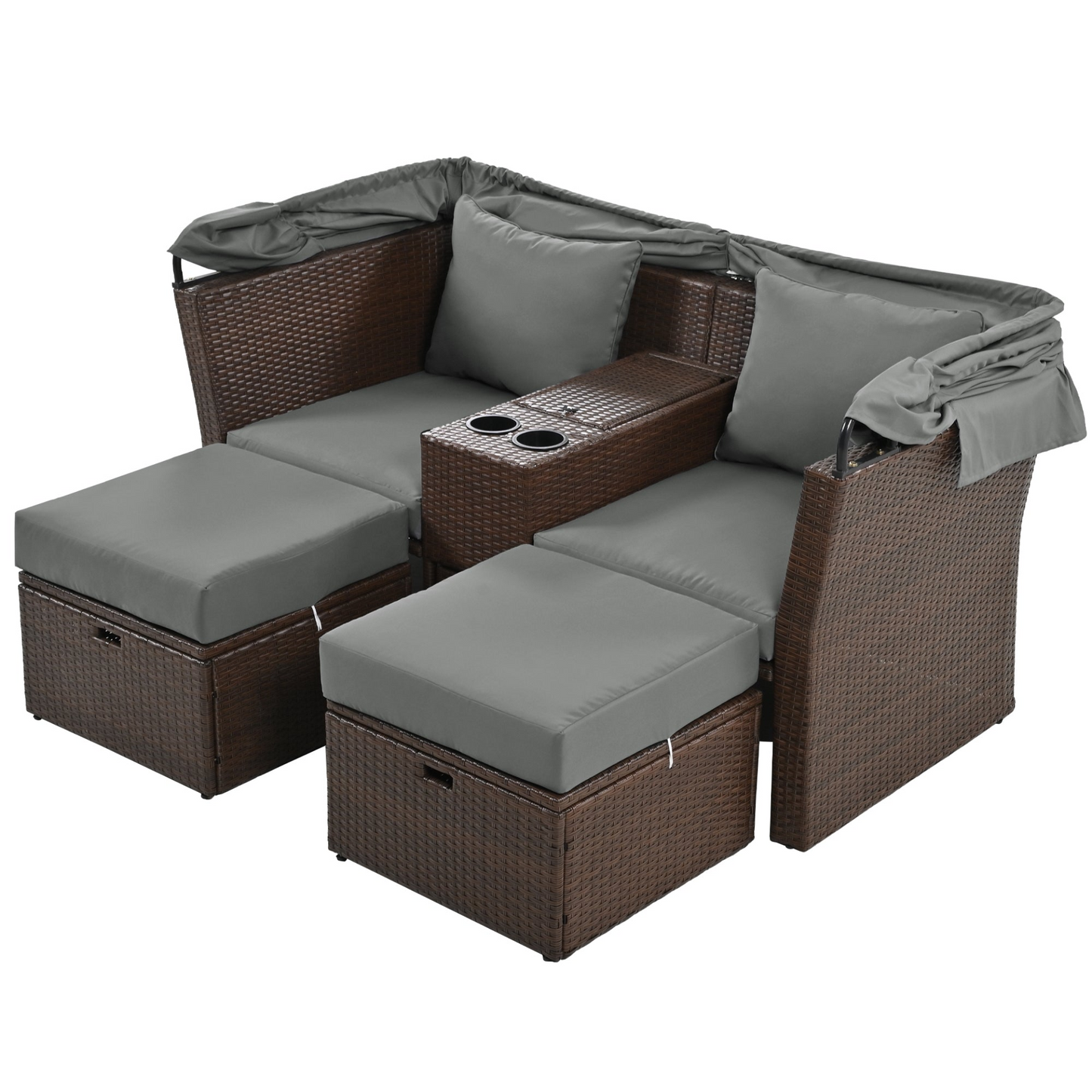 Patio Furntiure Sets | 2-Seater Outdoor Patio Daybed Outdoor Double Daybed Outdoor Loveseat Sofa Set with Foldable Awning and Cushions for Garden, Balcony, Poolside, Grey | casafoyer.myshopify.com