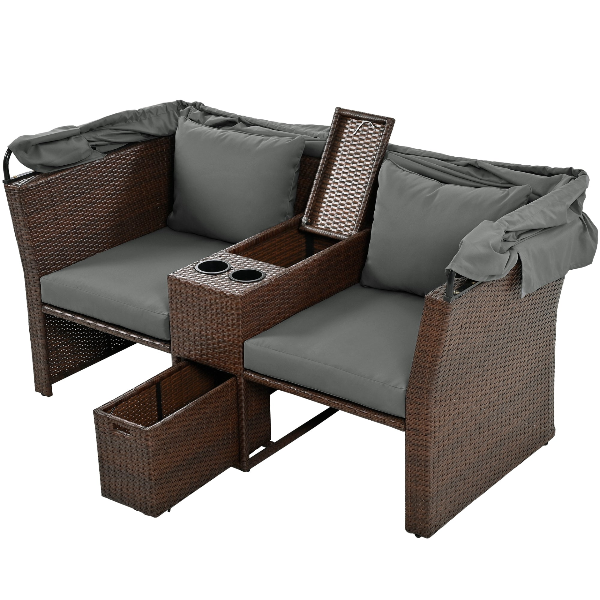 Patio Furntiure Sets | 2-Seater Outdoor Patio Daybed Outdoor Double Daybed Outdoor Loveseat Sofa Set with Foldable Awning and Cushions for Garden, Balcony, Poolside, Grey | casafoyer.myshopify.com