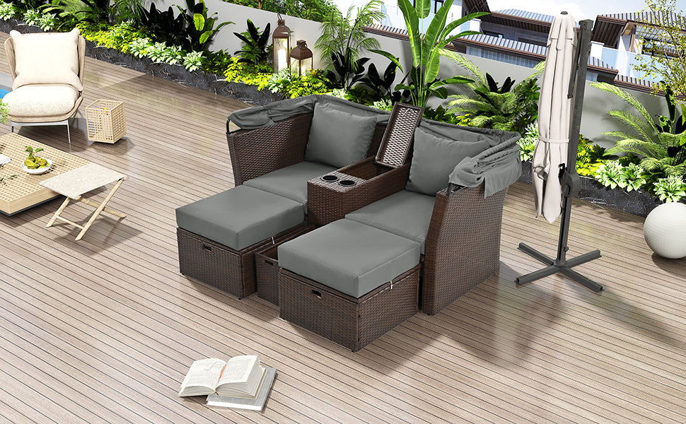 Patio Furntiure Sets | 2-Seater Outdoor Patio Daybed Outdoor Double Daybed Outdoor Loveseat Sofa Set with Foldable Awning and Cushions for Garden, Balcony, Poolside, Grey | casafoyer.myshopify.com