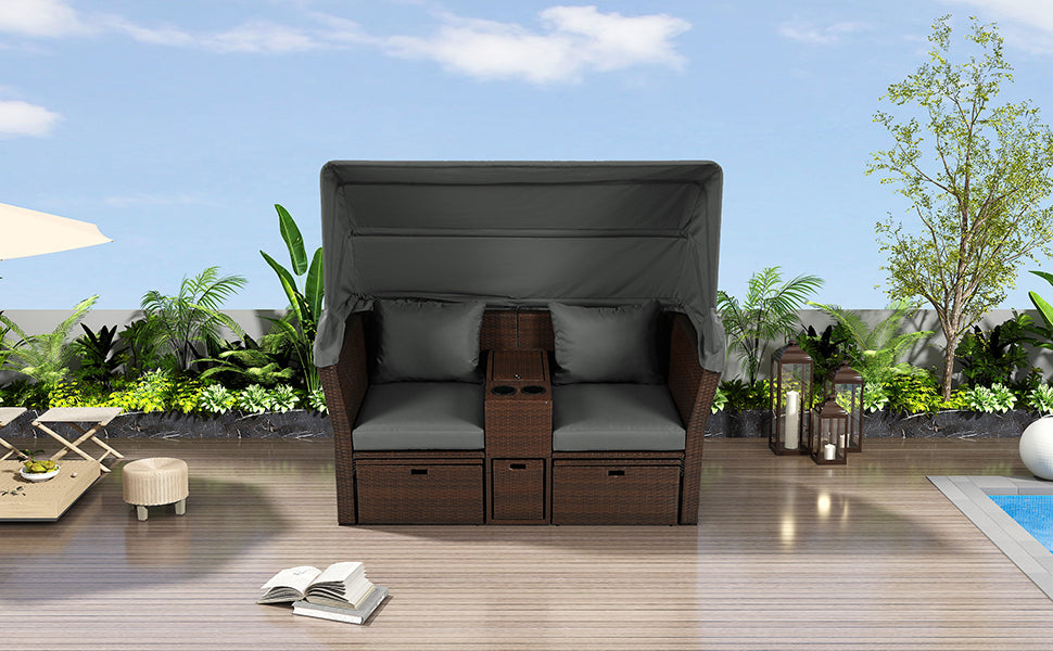 Patio Furntiure Sets | 2-Seater Outdoor Patio Daybed Outdoor Double Daybed Outdoor Loveseat Sofa Set with Foldable Awning and Cushions for Garden, Balcony, Poolside, Grey | casafoyer.myshopify.com