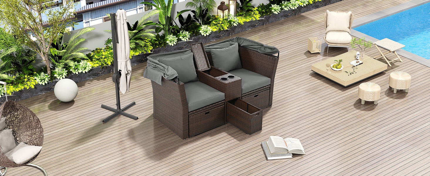 Patio Furntiure Sets | 2-Seater Outdoor Patio Daybed Outdoor Double Daybed Outdoor Loveseat Sofa Set with Foldable Awning and Cushions for Garden, Balcony, Poolside, Grey | casafoyer.myshopify.com