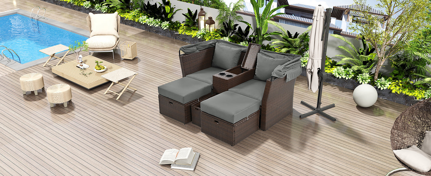 Patio Furntiure Sets | 2-Seater Outdoor Patio Daybed Outdoor Double Daybed Outdoor Loveseat Sofa Set with Foldable Awning and Cushions for Garden, Balcony, Poolside, Grey | casafoyer.myshopify.com