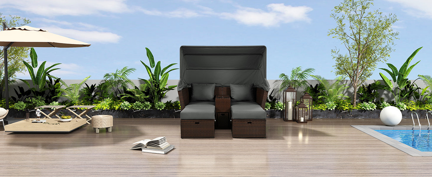 Patio Furntiure Sets | 2-Seater Outdoor Patio Daybed Outdoor Double Daybed Outdoor Loveseat Sofa Set with Foldable Awning and Cushions for Garden, Balcony, Poolside, Grey | casafoyer.myshopify.com