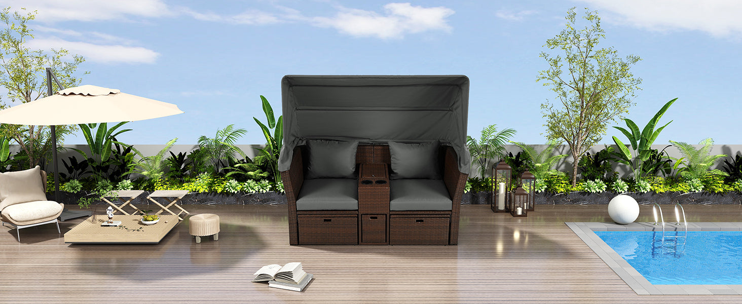 Patio Furntiure Sets | 2-Seater Outdoor Patio Daybed Outdoor Double Daybed Outdoor Loveseat Sofa Set with Foldable Awning and Cushions for Garden, Balcony, Poolside, Grey | casafoyer.myshopify.com