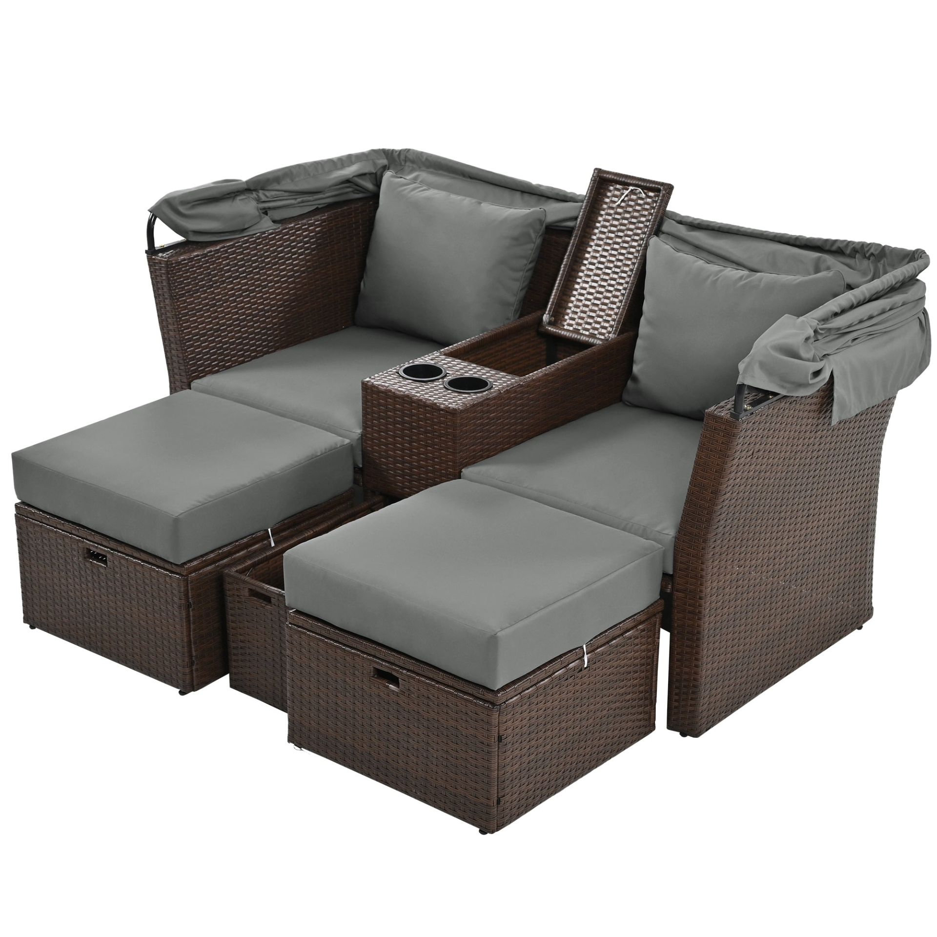 Patio Furntiure Sets | 2-Seater Outdoor Patio Daybed Outdoor Double Daybed Outdoor Loveseat Sofa Set with Foldable Awning and Cushions for Garden, Balcony, Poolside, Grey | casafoyer.myshopify.com