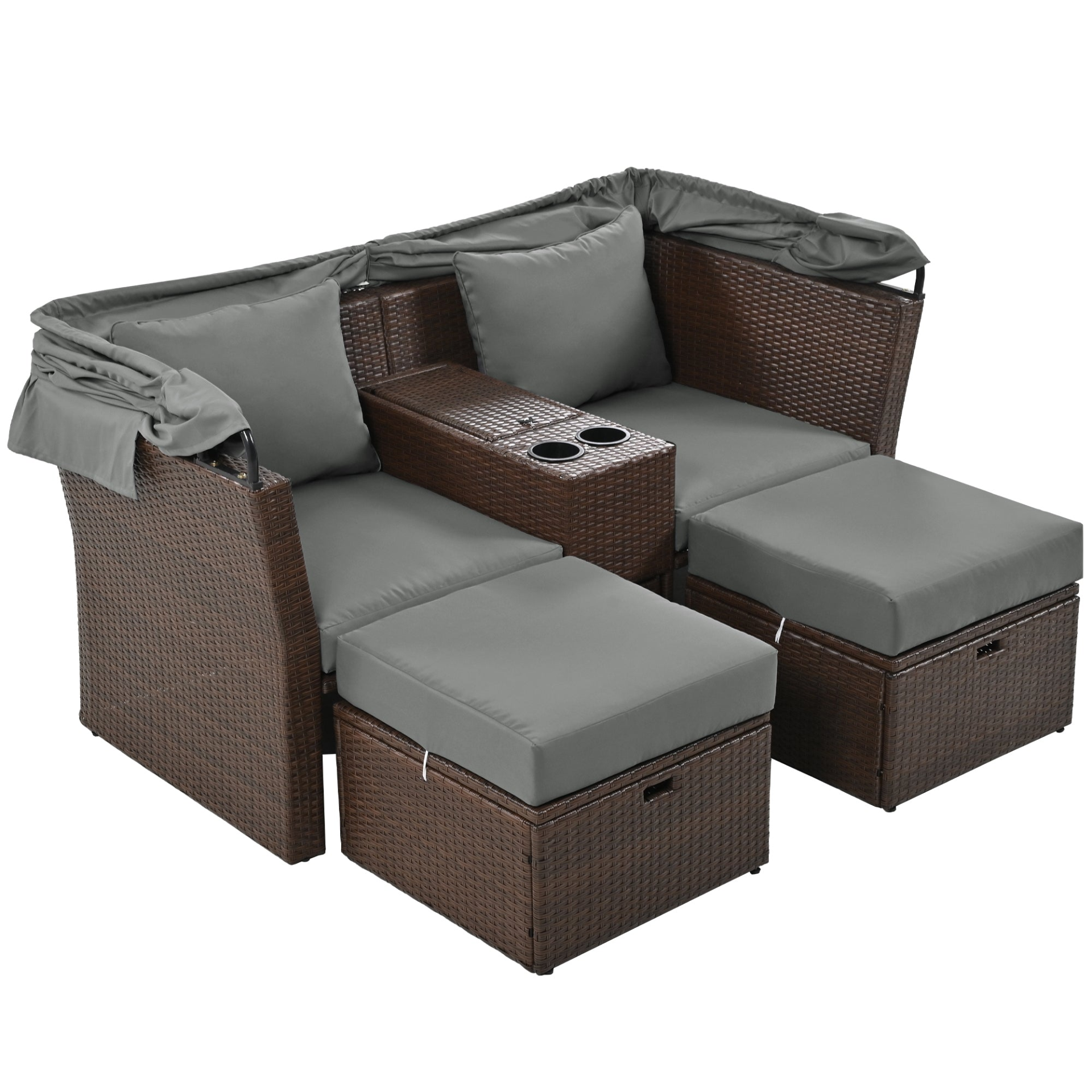 Patio Furntiure Sets | 2-Seater Outdoor Patio Daybed Outdoor Double Daybed Outdoor Loveseat Sofa Set with Foldable Awning and Cushions for Garden, Balcony, Poolside, Grey | casafoyer.myshopify.com