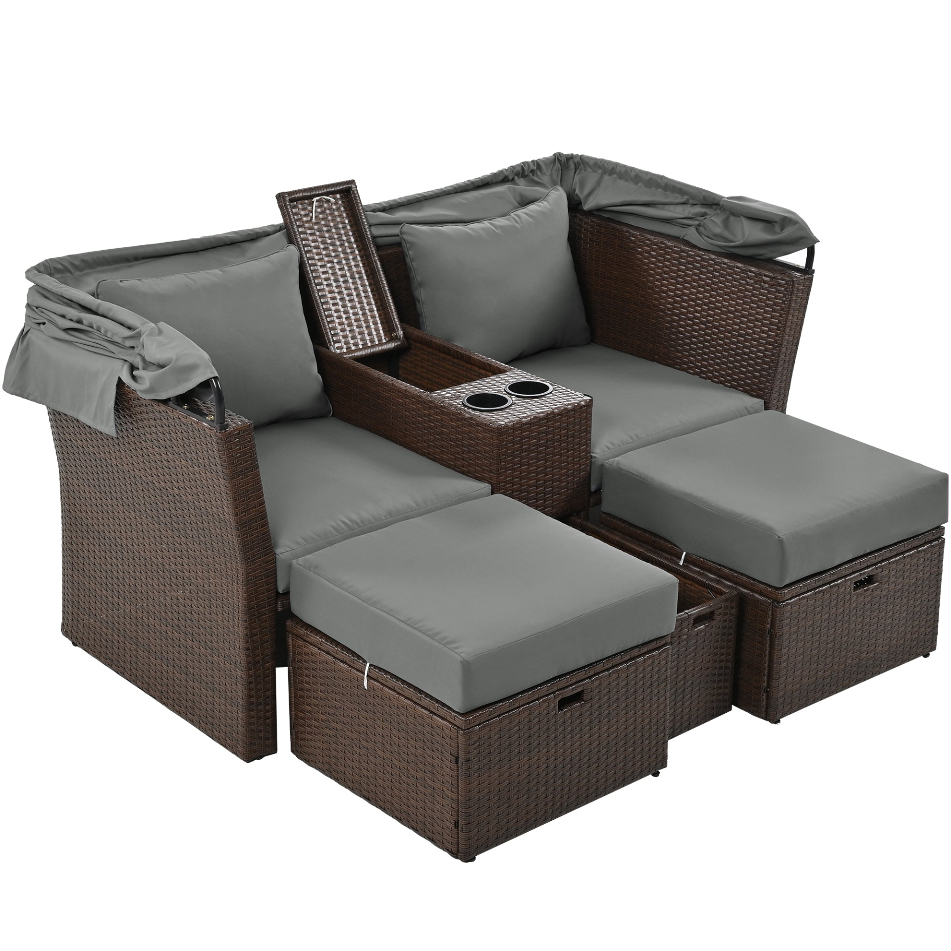 Patio Furntiure Sets | 2-Seater Outdoor Patio Daybed Outdoor Double Daybed Outdoor Loveseat Sofa Set with Foldable Awning and Cushions for Garden, Balcony, Poolside, Grey | casafoyer.myshopify.com