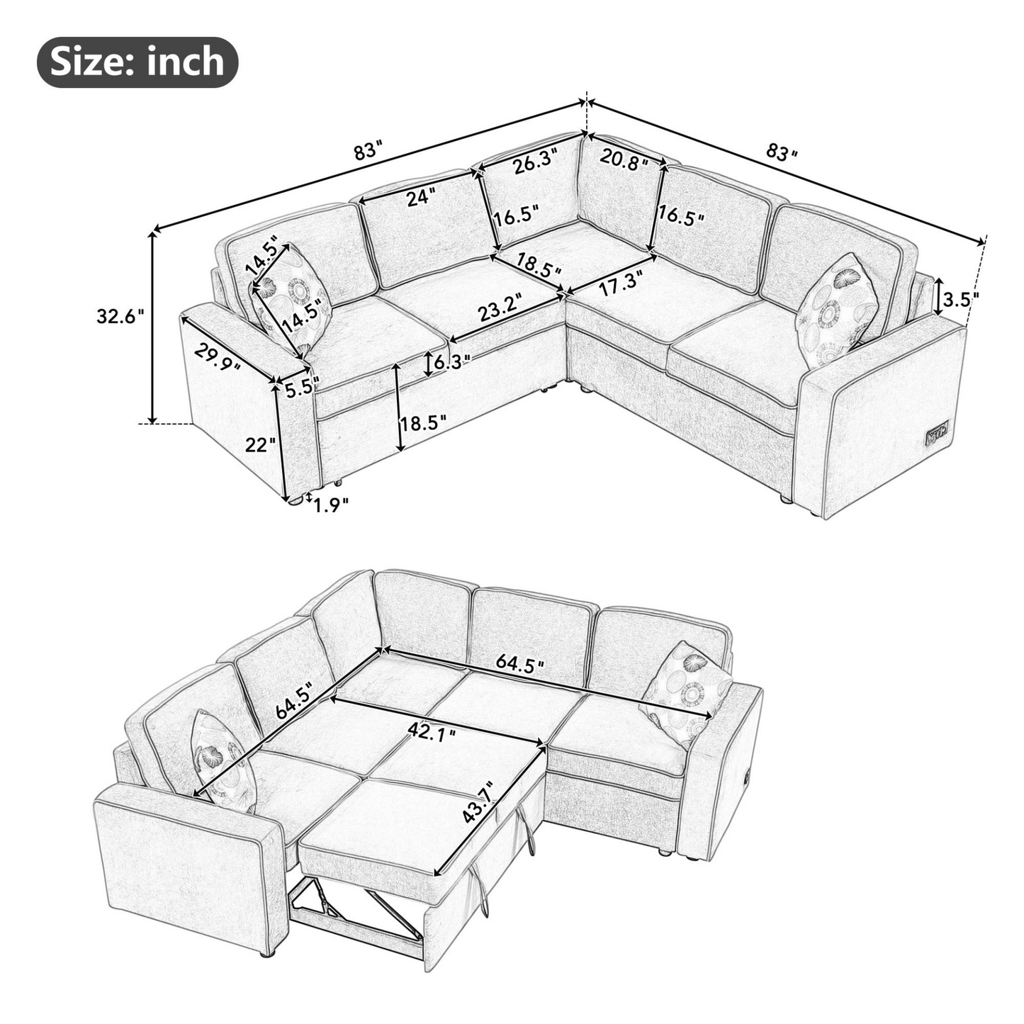 [product_type] | 83" L-Shaped Pull Out Sofa Bed Modern Convertible Sleeper Sofa with 2 USB ports, 2 Power Sockets and 3 Pillows - Cream | casafoyer.myshopify.com