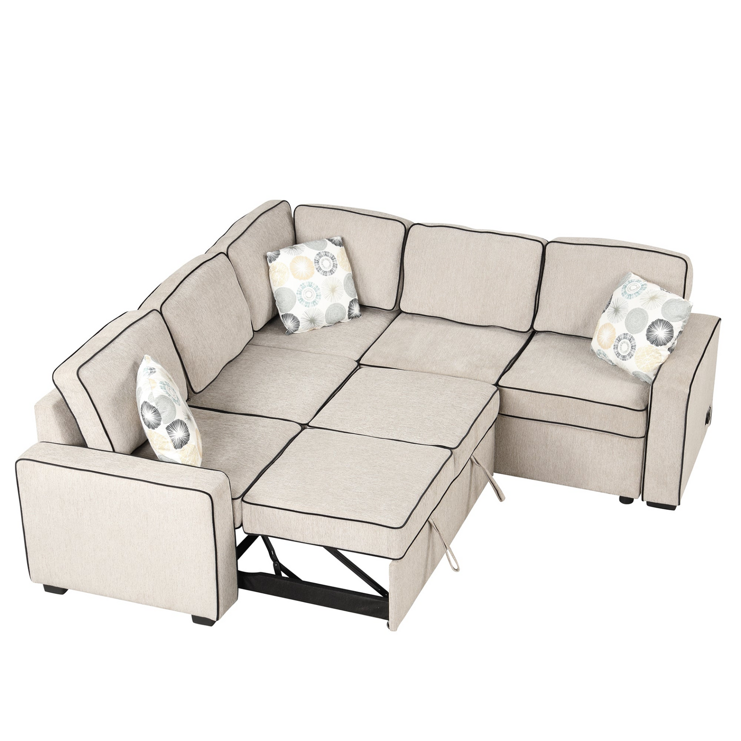 [product_type] | 83" L-Shaped Pull Out Sofa Bed Modern Convertible Sleeper Sofa with 2 USB ports, 2 Power Sockets and 3 Pillows - Cream | casafoyer.myshopify.com