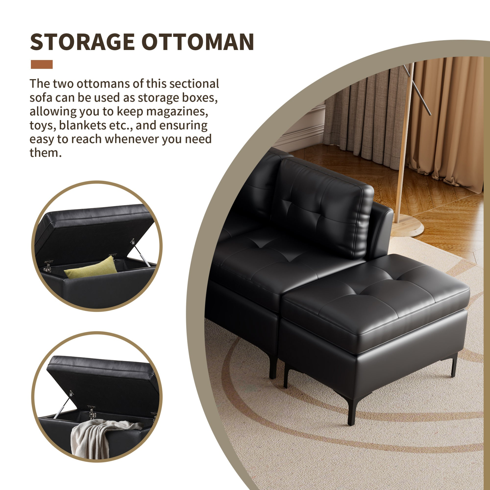 Sofa & Chair sets | L-Shaped Corner Sofa Pu Leather Sectional Sofa Couch with Movable Storage Ottomans for Living Room, Black | casafoyer.myshopify.com