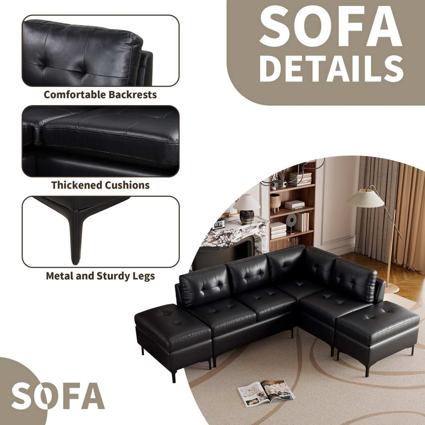 Sofa & Chair sets | L-Shaped Corner Sofa Pu Leather Sectional Sofa Couch with Movable Storage Ottomans for Living Room, Black | casafoyer.myshopify.com