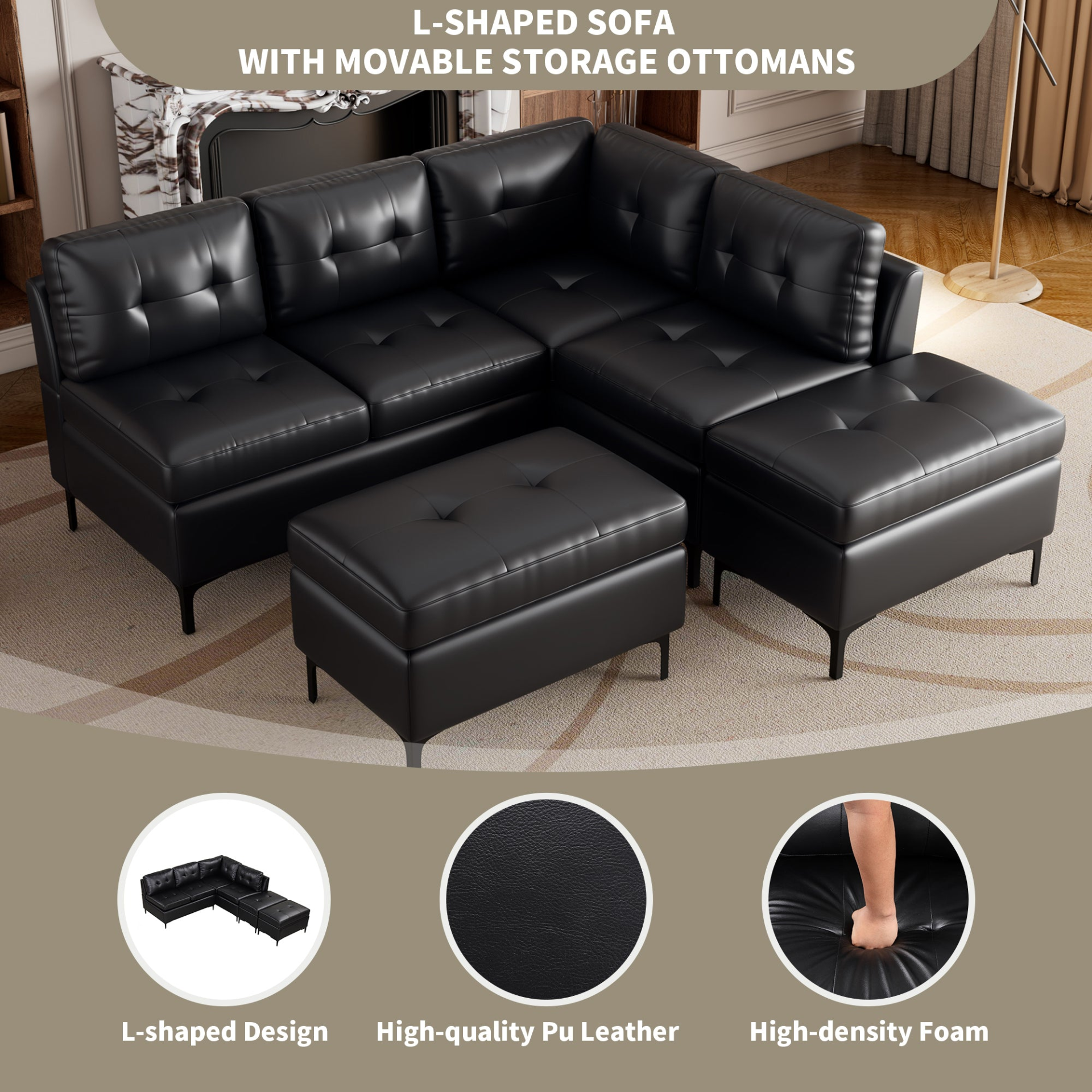 Sofa & Chair sets | L-Shaped Corner Sofa Pu Leather Sectional Sofa Couch with Movable Storage Ottomans for Living Room, Black | casafoyer.myshopify.com