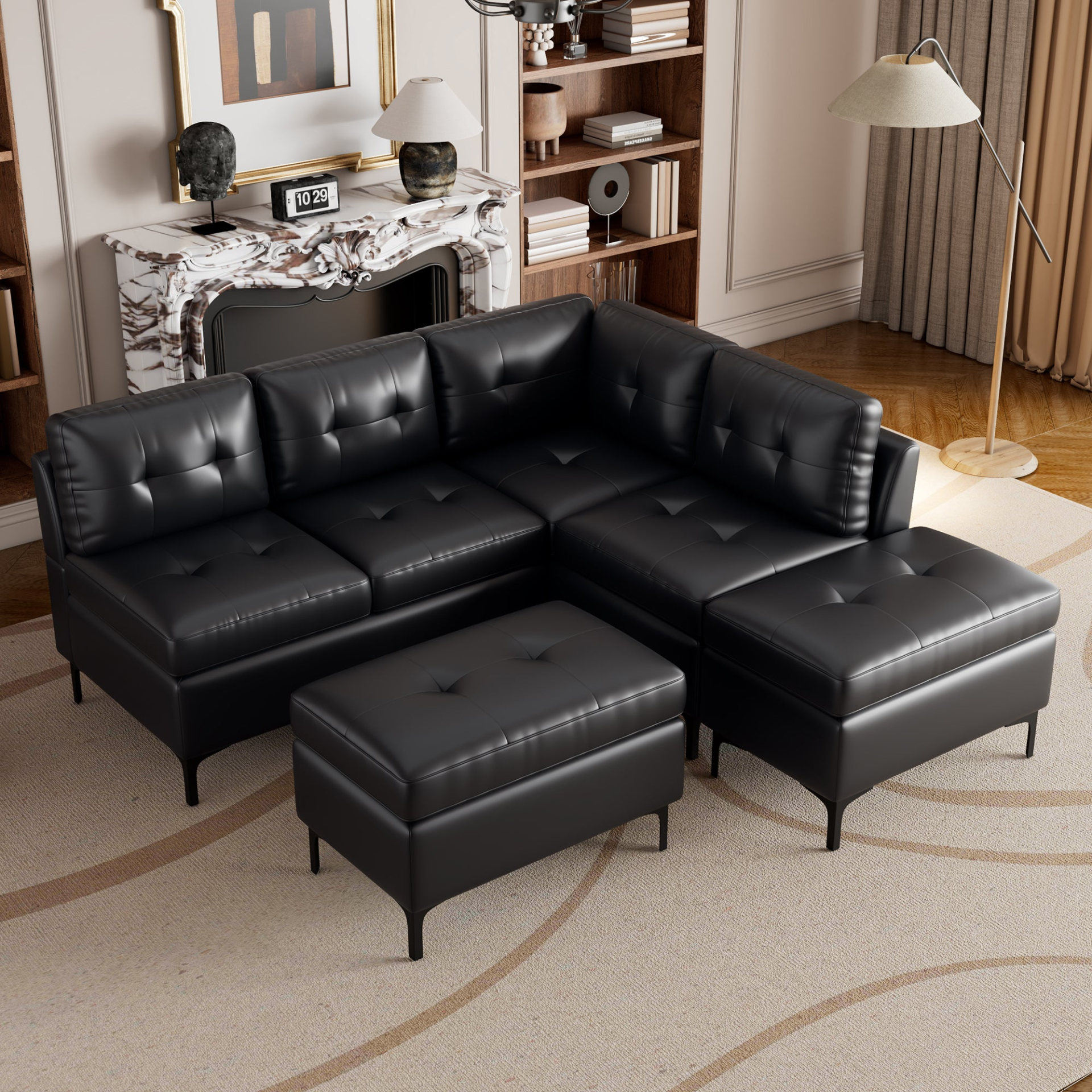 Sofa & Chair sets | L-Shaped Corner Sofa Pu Leather Sectional Sofa Couch with Movable Storage Ottomans for Living Room, Black | casafoyer.myshopify.com