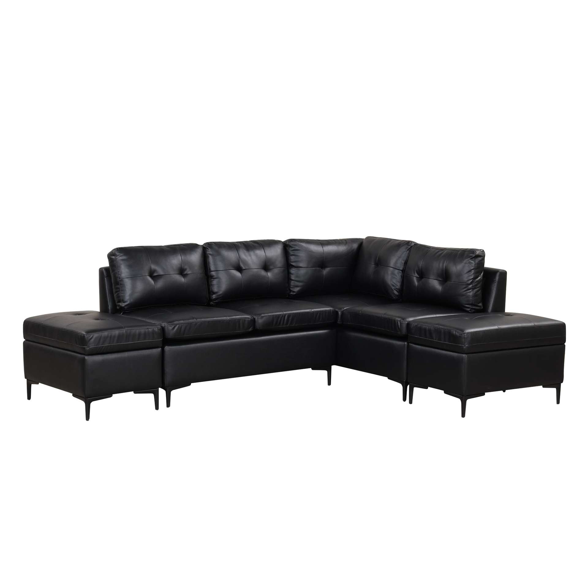 Sofa & Chair sets | L-Shaped Corner Sofa Pu Leather Sectional Sofa Couch with Movable Storage Ottomans for Living Room, Black | casafoyer.myshopify.com