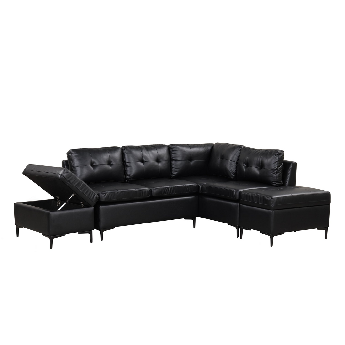 Sofa & Chair sets | L-Shaped Corner Sofa Pu Leather Sectional Sofa Couch with Movable Storage Ottomans for Living Room, Black | casafoyer.myshopify.com