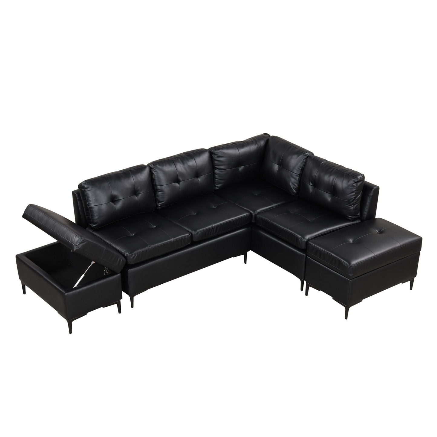 Sofa & Chair sets | L-Shaped Corner Sofa Pu Leather Sectional Sofa Couch with Movable Storage Ottomans for Living Room, Black | casafoyer.myshopify.com