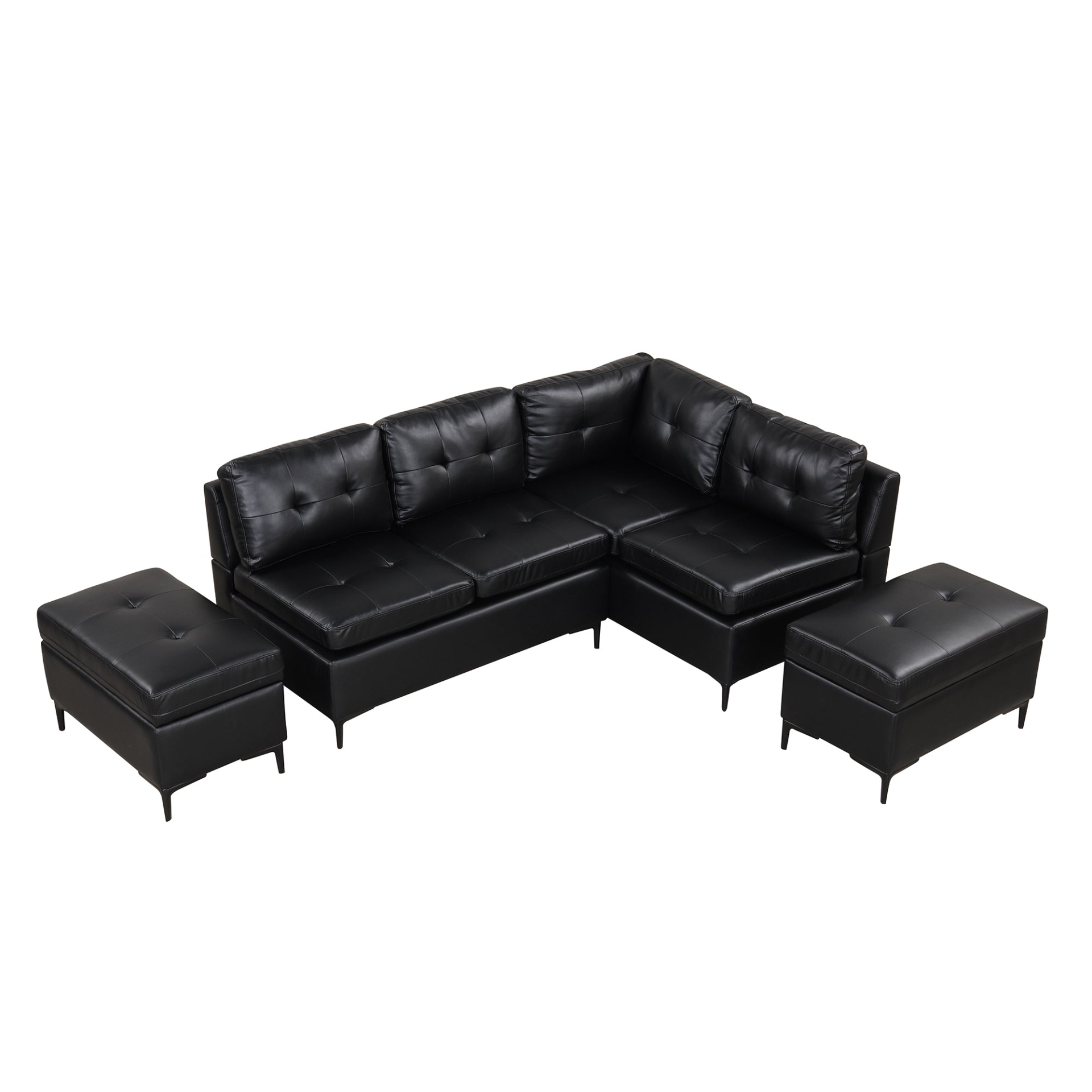 Sofa & Chair sets | L-Shaped Corner Sofa Pu Leather Sectional Sofa Couch with Movable Storage Ottomans for Living Room, Black | casafoyer.myshopify.com