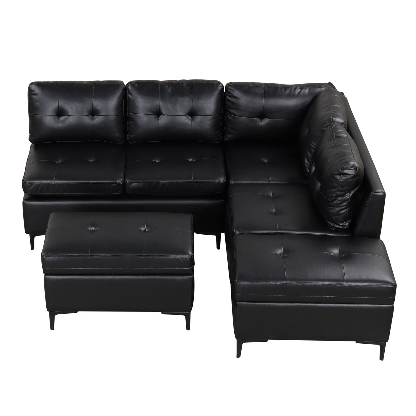 Sofa & Chair sets | L-Shaped Corner Sofa Pu Leather Sectional Sofa Couch with Movable Storage Ottomans for Living Room, Black | casafoyer.myshopify.com