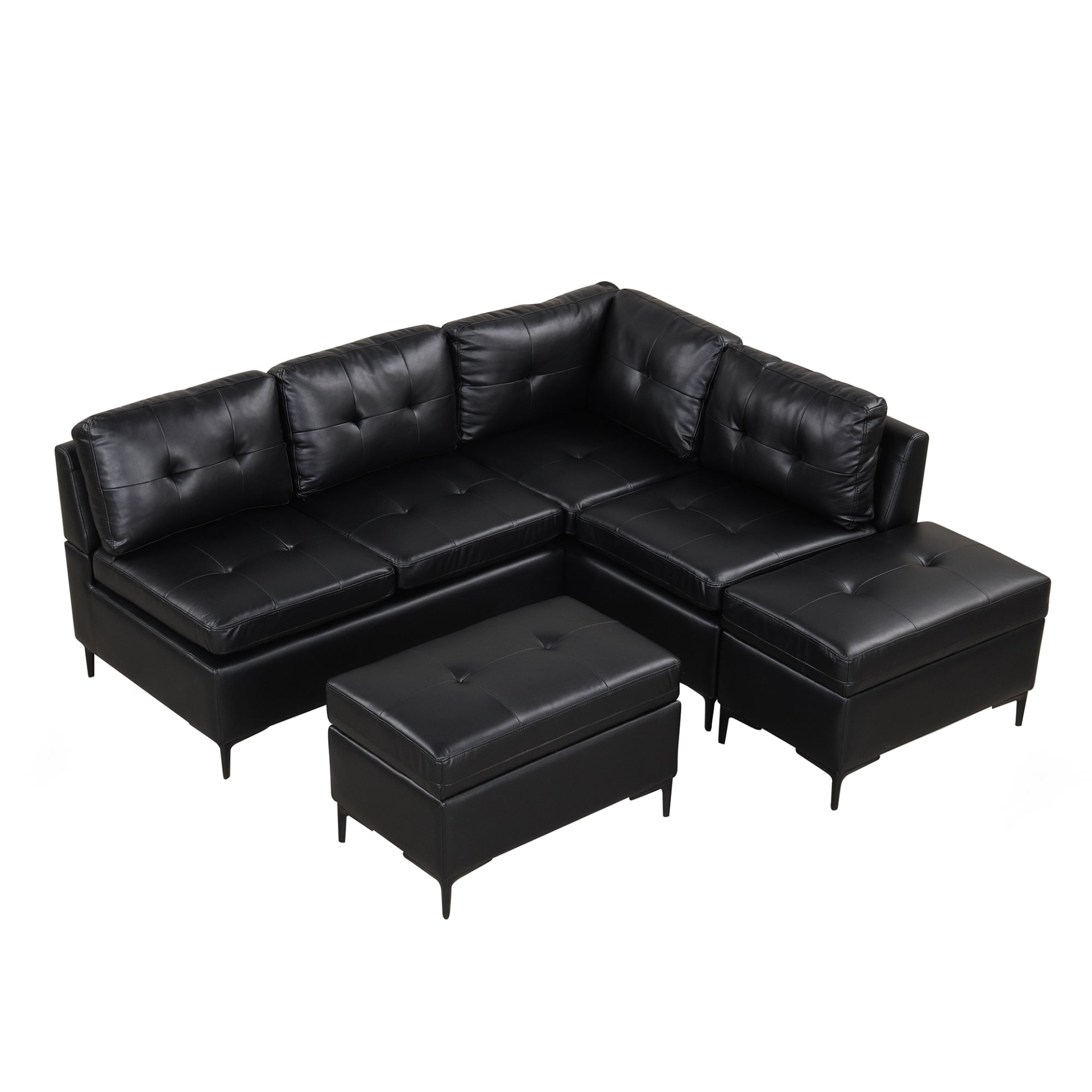 Sofa & Chair sets | L-Shaped Corner Sofa Pu Leather Sectional Sofa Couch with Movable Storage Ottomans for Living Room, Black | casafoyer.myshopify.com