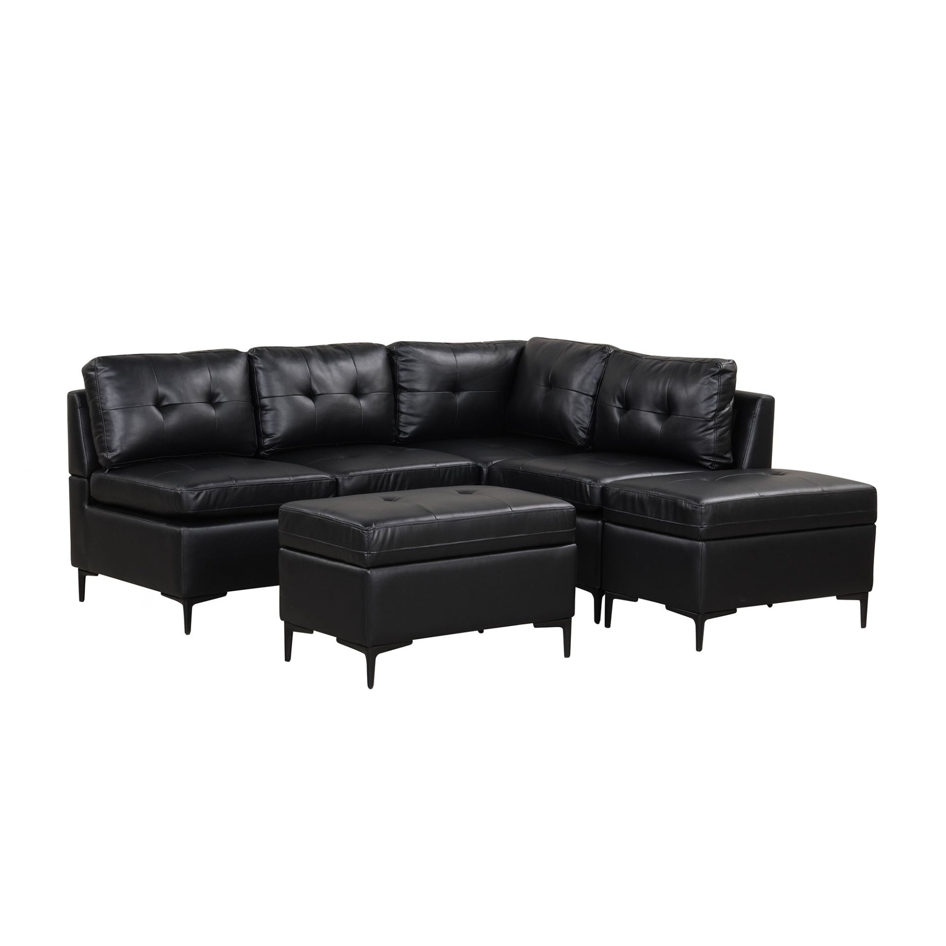 Sofa & Chair sets | L-Shaped Corner Sofa Pu Leather Sectional Sofa Couch with Movable Storage Ottomans for Living Room, Black | casafoyer.myshopify.com