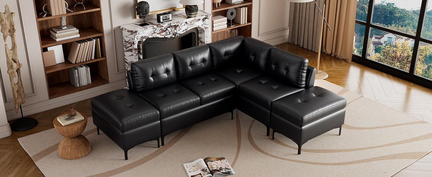 Sofa & Chair sets | L-Shaped Corner Sofa Pu Leather Sectional Sofa Couch with Movable Storage Ottomans for Living Room, Black | casafoyer.myshopify.com