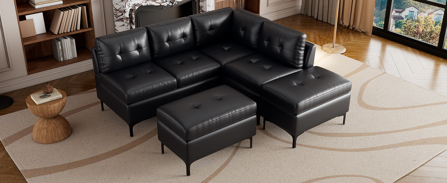 Sofa & Chair sets | L-Shaped Corner Sofa Pu Leather Sectional Sofa Couch with Movable Storage Ottomans for Living Room, Black | casafoyer.myshopify.com