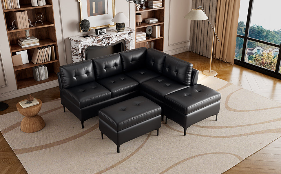 Sofa & Chair sets | L-Shaped Corner Sofa Pu Leather Sectional Sofa Couch with Movable Storage Ottomans for Living Room, Black | casafoyer.myshopify.com