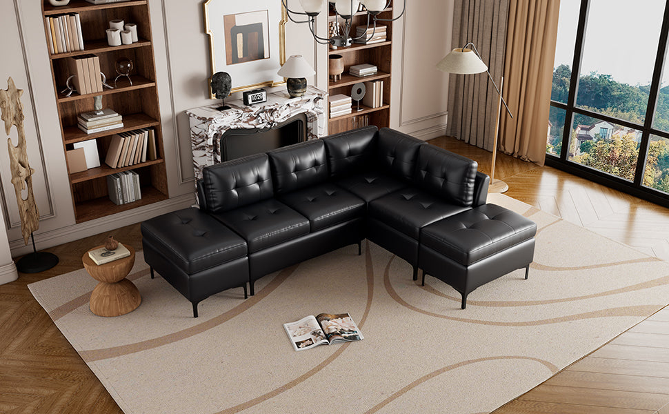 Sofa & Chair sets | L-Shaped Corner Sofa Pu Leather Sectional Sofa Couch with Movable Storage Ottomans for Living Room, Black | casafoyer.myshopify.com