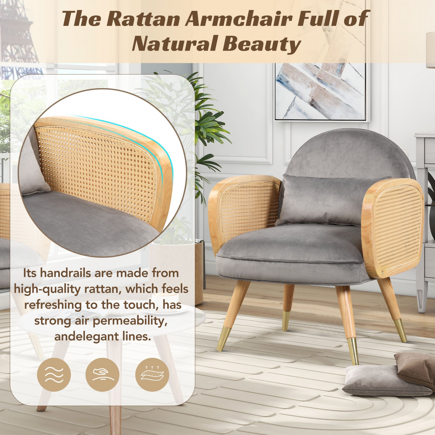 Sofa & Chair sets | Amchair with Rattan Armrest and Metal Legs Upholstered Mid Century Modern Chairs for Living Room or Reading Room, Grey | casafoyer.myshopify.com