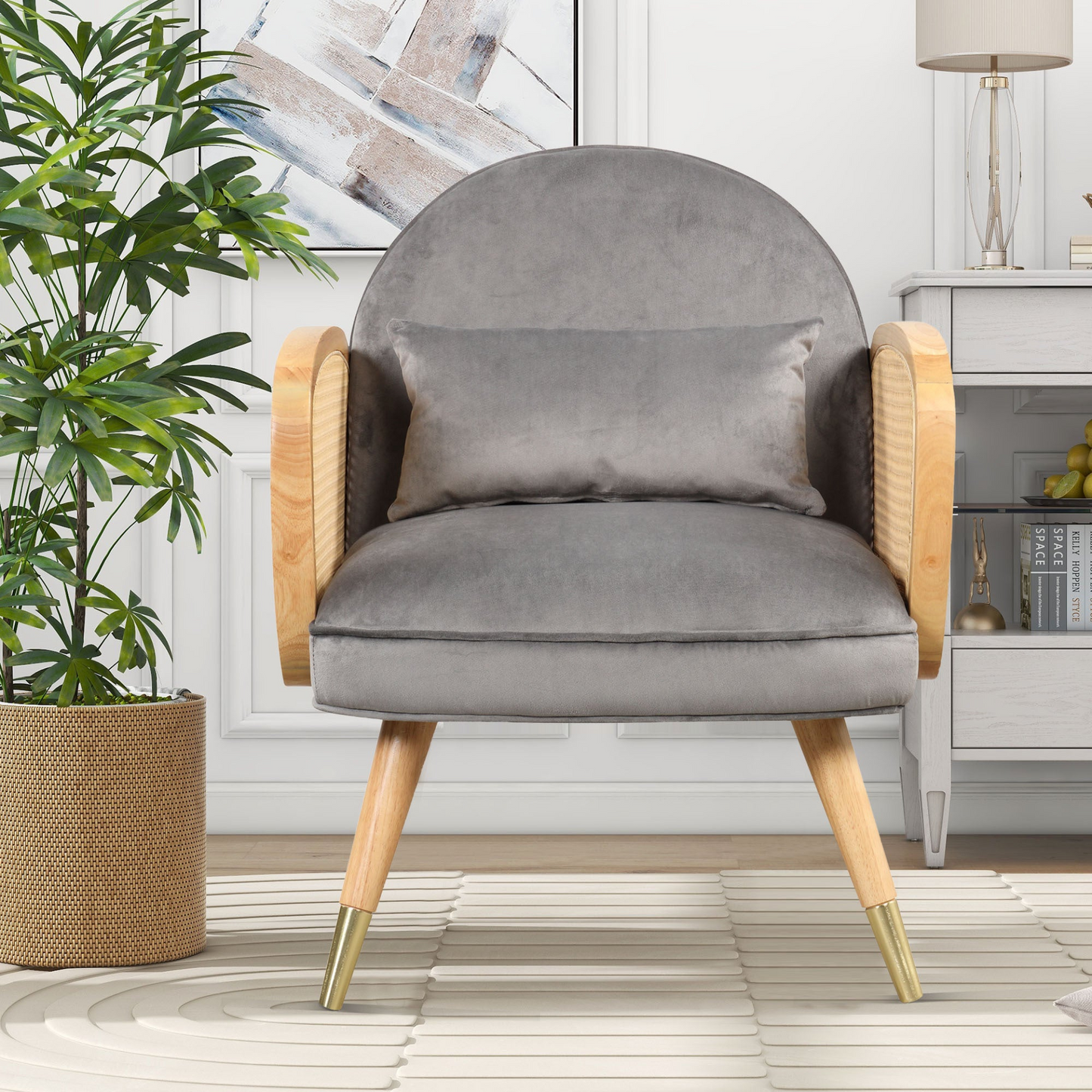 Sofa & Chair sets | Amchair with Rattan Armrest and Metal Legs Upholstered Mid Century Modern Chairs for Living Room or Reading Room, Grey | casafoyer.myshopify.com