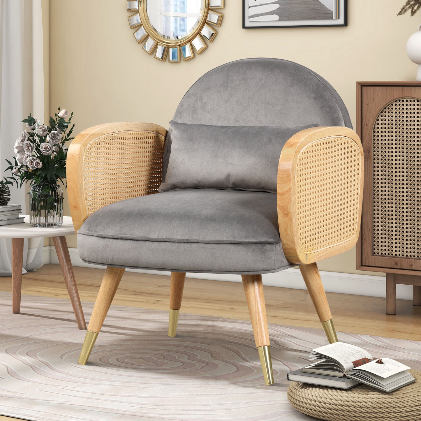 Sofa & Chair sets | Amchair with Rattan Armrest and Metal Legs Upholstered Mid Century Modern Chairs for Living Room or Reading Room, Grey | casafoyer.myshopify.com